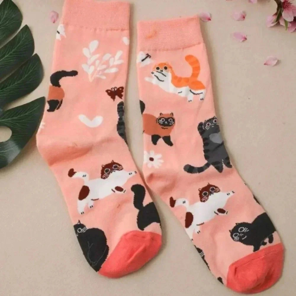 Pink black brown cartoon cat Womens crew socks activewear comfortable